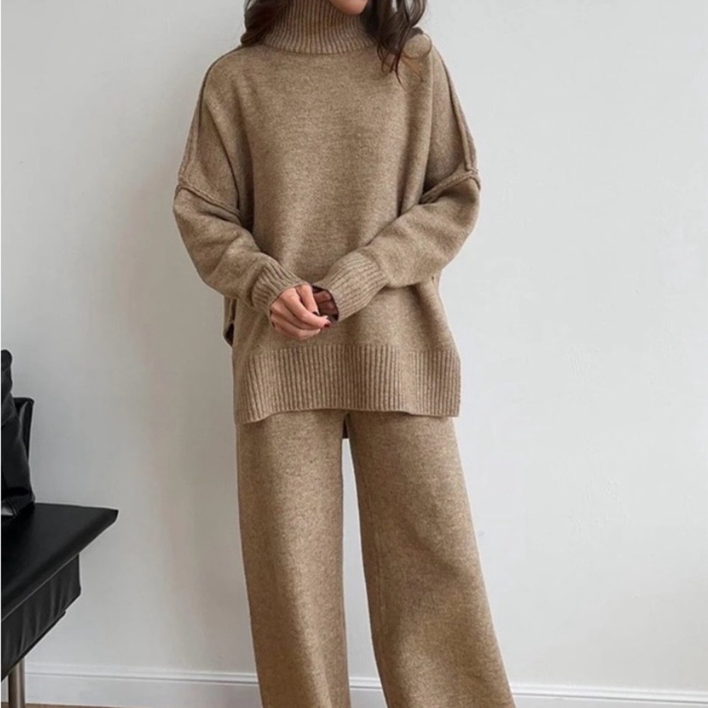 Commense Camel Knit Wide Leg Pants & Sweater Set